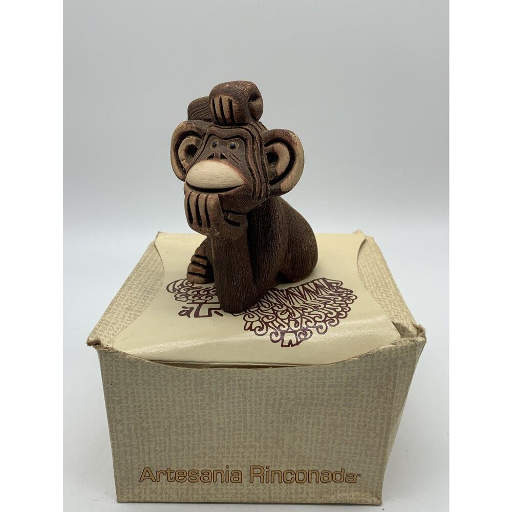Retired Artesania Rinconada Monkey Chimp Thinking Figurine Clay Signed Box